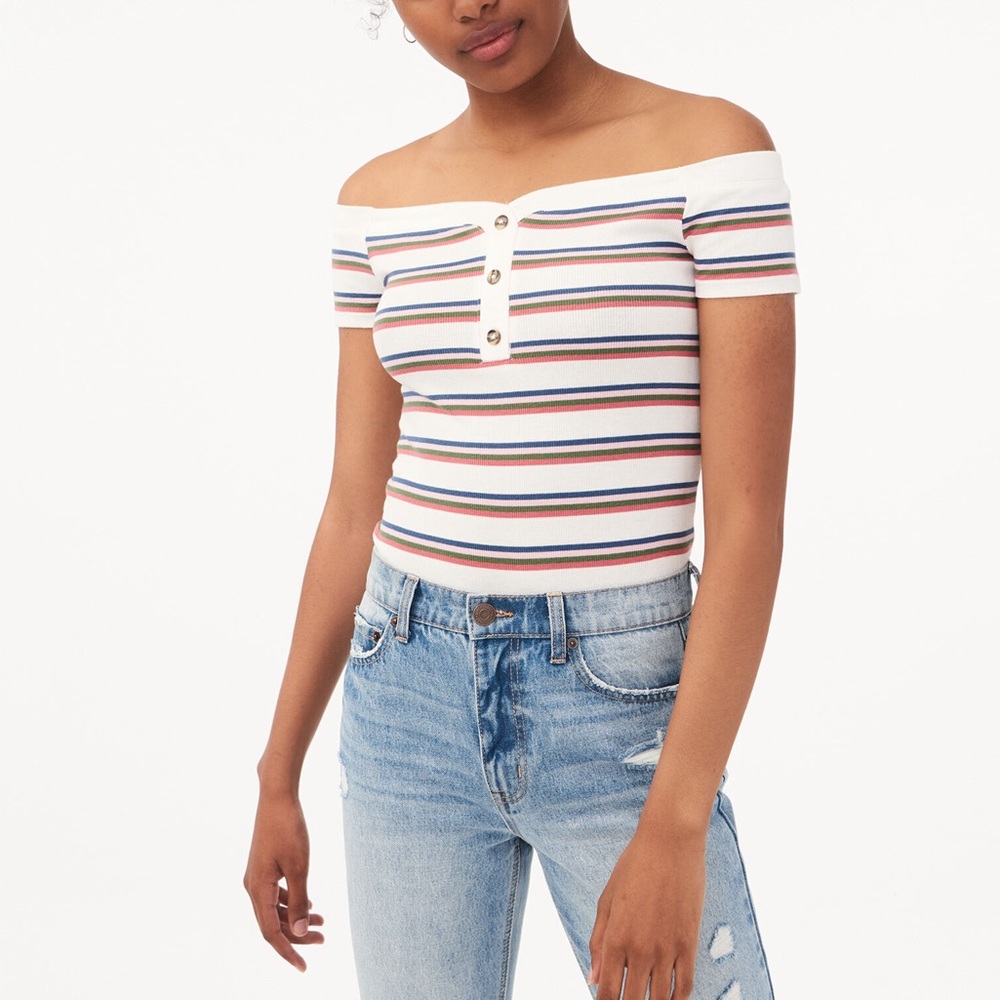 Seriously Soft Striped Off-The-Shoulder Henley Bodycon Top